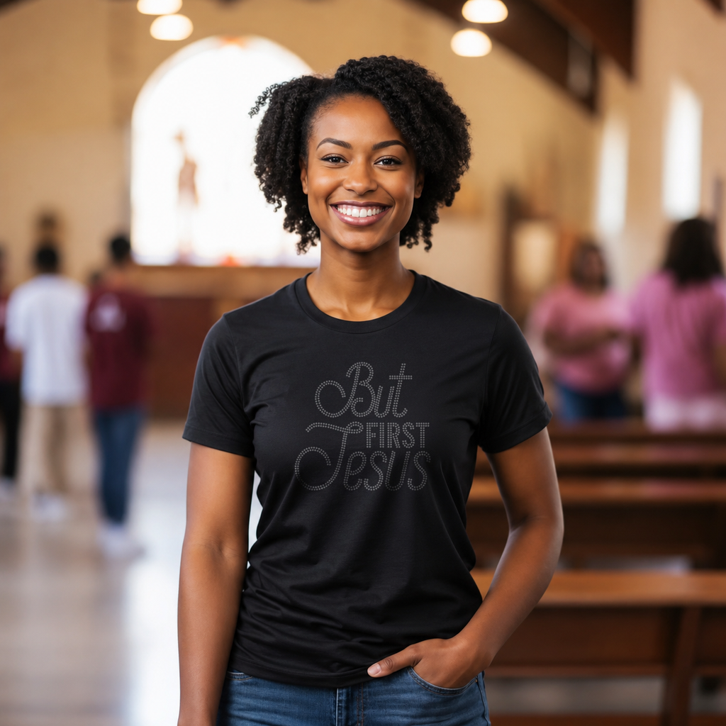 "But First Jesus" Rhinestone T-Shirt